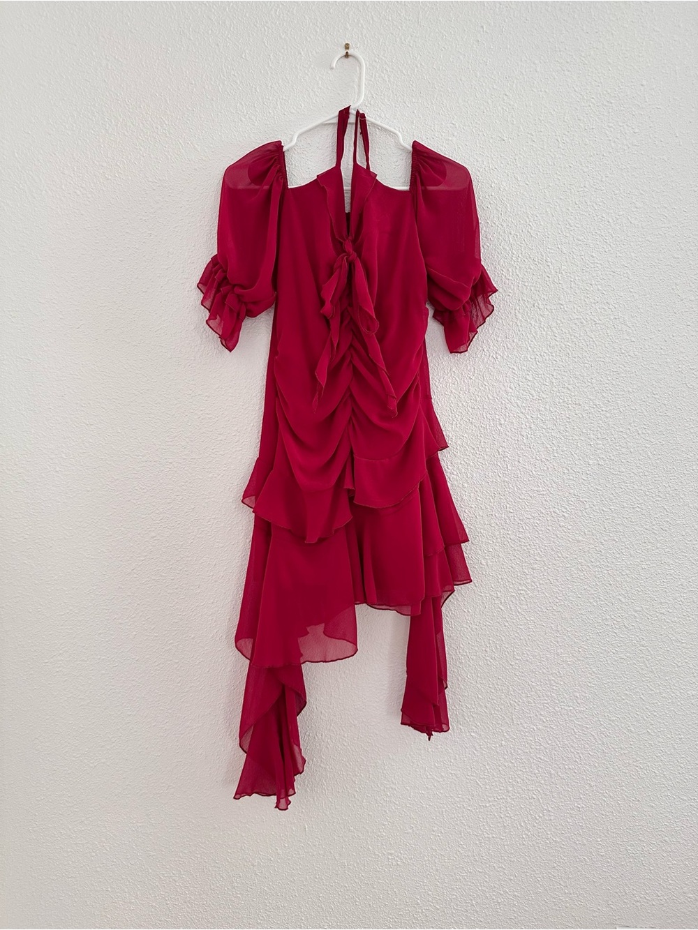 red ruffled ruched flowy salsa emoji asymmetrical dress